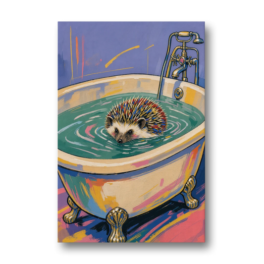 Hedgehog Paddling Across the Clawfoot Tub - Canvas Wall Art - Front