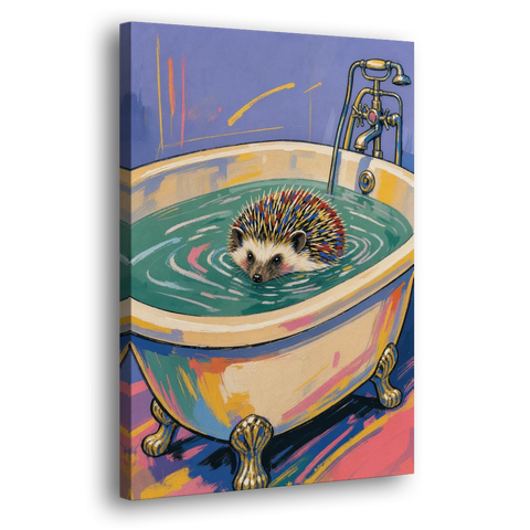 Hedgehog Paddling Across the Clawfoot Tub - Canvas Wall Art - Side