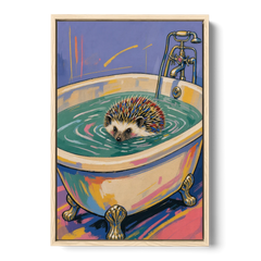 Hedgehog Paddling Across the Clawfoot Tub - Oak Framed Canvas Wall Art - Front