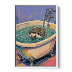Hedgehog Paddling Across the Clawfoot Tub - White Framed Canvas Wall Art - Front