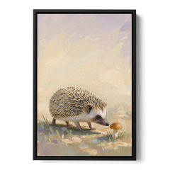 Hedgehog Sniffing a Tiny Mushroom for the Nursery - Black Framed Canvas Wall Art - Front