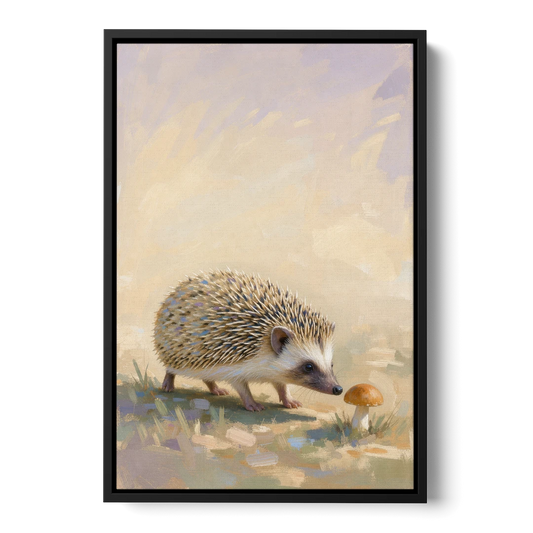 Hedgehog Sniffing a Tiny Mushroom for the Nursery - Black Framed Canvas Wall Art - Front