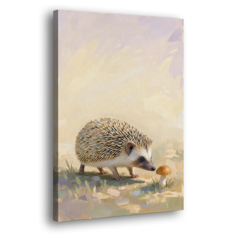 Hedgehog Sniffing a Tiny Mushroom for the Nursery - Canvas Wall Art - Side