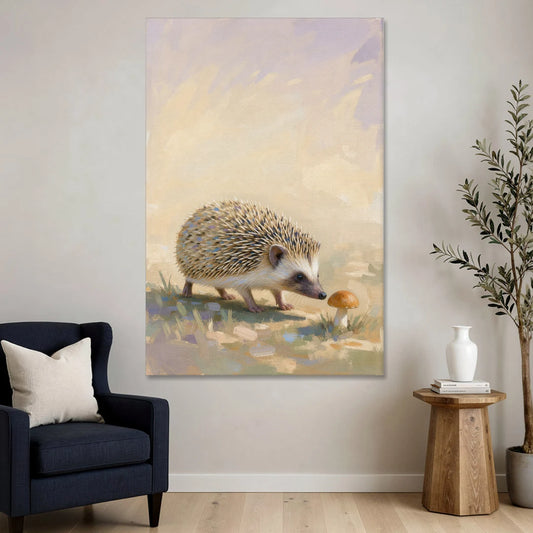 Hedgehog Sniffing a Tiny Mushroom for the Nursery - Canvas Wall Art - Sofa - 40x60