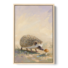 Hedgehog Sniffing a Tiny Mushroom for the Nursery - Oak Framed Canvas Wall Art - Front