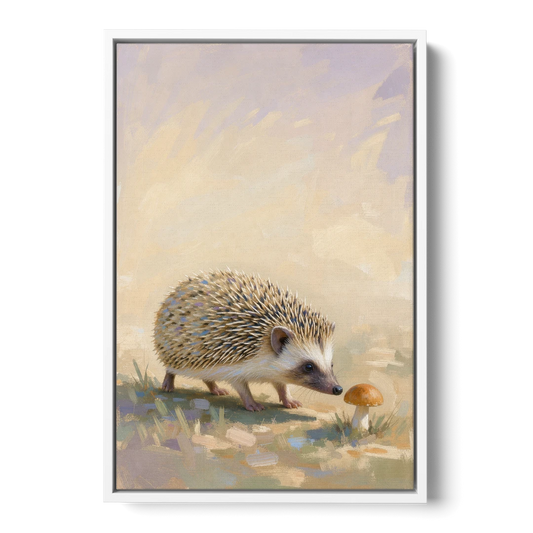Hedgehog Sniffing a Tiny Mushroom for the Nursery - White Framed Canvas Wall Art - Front
