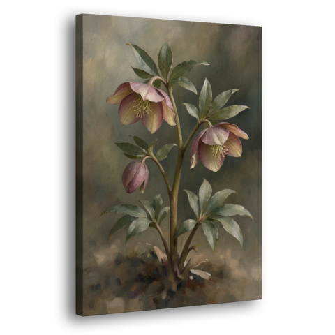 Hellebore Stem with Two Nodding Blooms - Canvas Wall Art - Side