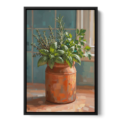 Herb Wall Art Kitchen Terracotta Crock - Black Framed Canvas Wall Art - Front