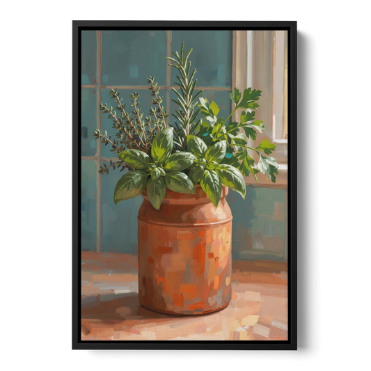Herb Wall Art Kitchen Terracotta Crock - Black Framed Canvas Wall Art - Front