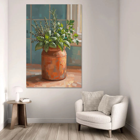 Herb Wall Art Kitchen Terracotta Crock - Canvas Wall Art - Sofa - 40x60