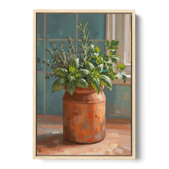 Herb Wall Art Kitchen Terracotta Crock - Oak Framed Canvas Wall Art - Front