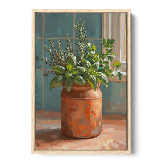Herb Wall Art Kitchen Terracotta Crock - Oak Framed Canvas Wall Art - Front