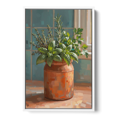 Herb Wall Art Kitchen Terracotta Crock - White Framed Canvas Wall Art - Front