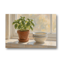 Herbs Wall Art with Basil and Cream Bowls - Canvas Wall Art - Front