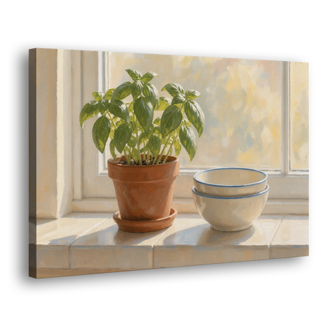 Herbs Wall Art with Basil and Cream Bowls - Canvas Wall Art - Side