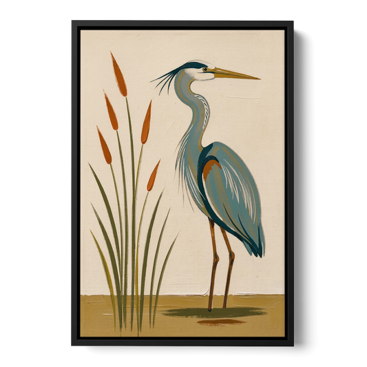 Heron Wall Art of a Blue Heron Among Cattails - Black Framed Canvas Wall Art - Front