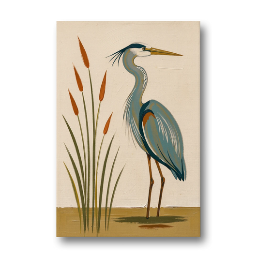 Heron Wall Art of a Blue Heron Among Cattails - Canvas Wall Art - Front