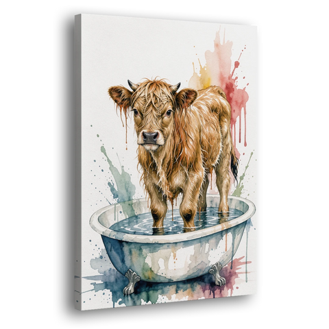 Highland Cow Bathroom Canvas with a Dripping Calf - Canvas Wall Art - Side