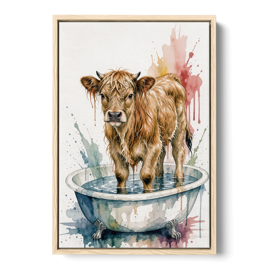 Highland Cow Bathroom Canvas with a Dripping Calf - Oak Framed Canvas Wall Art - Front