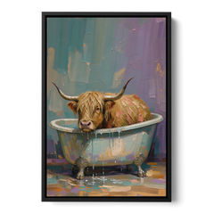 Highland Cow Bathroom Wall Art in a Too-Small Tub - Black Framed Canvas Wall Art - Front