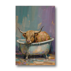 Highland Cow Bathroom Wall Art in a Too-Small Tub - Canvas Wall Art - Front