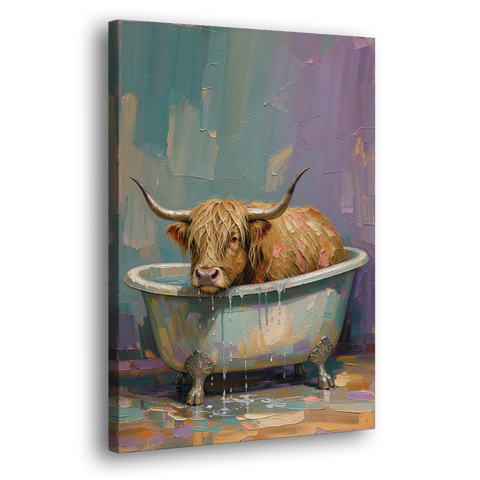 Highland Cow Bathroom Wall Art in a Too-Small Tub - Canvas Wall Art - Side