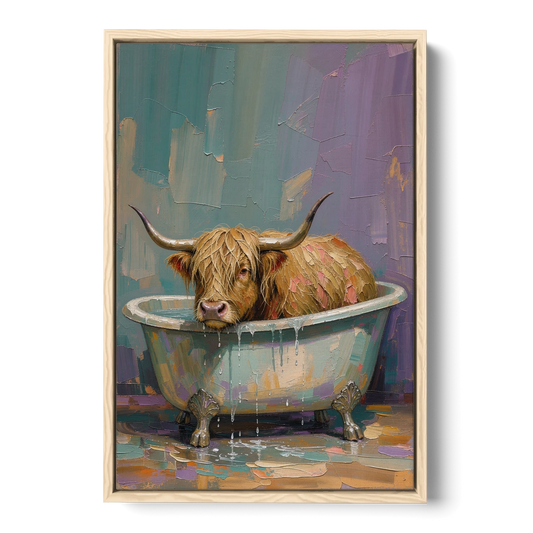 Highland Cow Bathroom Wall Art in a Too-Small Tub - Oak Framed Canvas Wall Art - Front