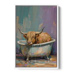 Highland Cow Bathroom Wall Art in a Too-Small Tub - White Framed Canvas Wall Art - Front