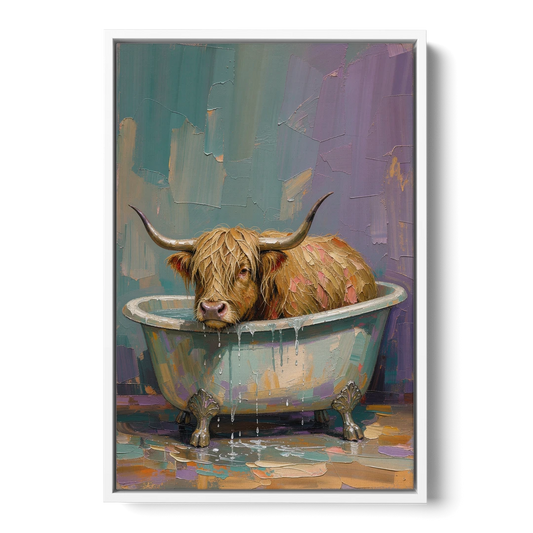 Highland Cow Bathroom Wall Art in a Too-Small Tub - White Framed Canvas Wall Art - Front