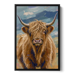 Highland Cow Canvas Painting in Autumn Wind - Black Framed Canvas Wall Art - Front