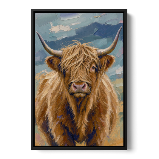 Highland Cow Canvas Painting in Autumn Wind - Black Framed Canvas Wall Art - Front