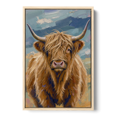 Highland Cow Canvas Painting in Autumn Wind - Oak Framed Canvas Wall Art - Front