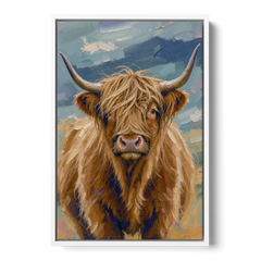 Highland Cow Canvas Painting in Autumn Wind - White Framed Canvas Wall Art - Front