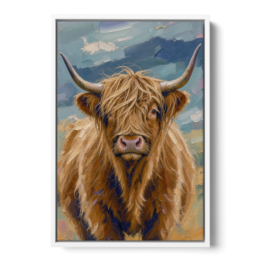 Highland Cow Canvas Painting in Autumn Wind - White Framed Canvas Wall Art - Front