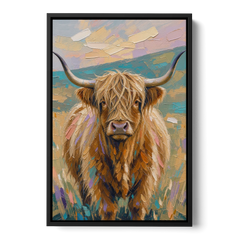 Highland Cow Painting Canvas in Pastel Pasture - Black Framed Canvas Wall Art - Front