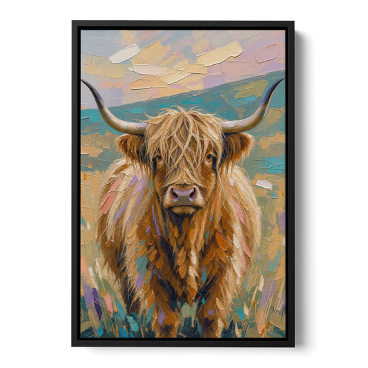 Highland Cow Painting Canvas in Pastel Pasture - Black Framed Canvas Wall Art - Front