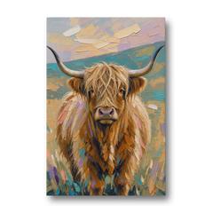 Highland Cow Painting Canvas in Pastel Pasture - Canvas Wall Art - Front
