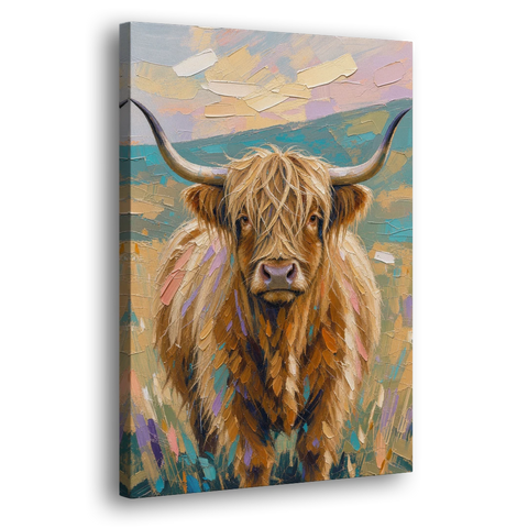 Highland Cow Painting Canvas in Pastel Pasture - Canvas Wall Art - Side