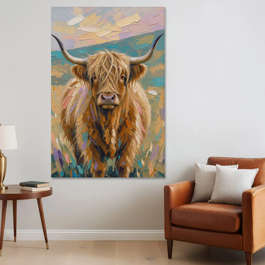 Highland Cow Painting Canvas in Pastel Pasture - Canvas Wall Art - Sofa - 40x60