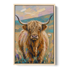 Highland Cow Painting Canvas in Pastel Pasture - Oak Framed Canvas Wall Art - Front