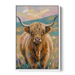 Highland Cow Painting Canvas in Pastel Pasture - White Framed Canvas Wall Art - Front