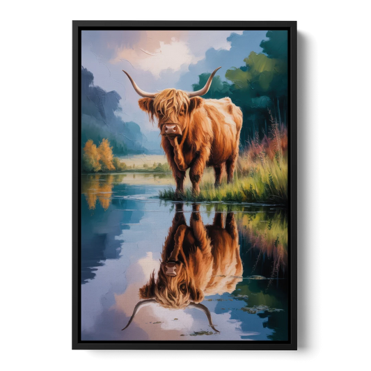 Highland Cow Reflections - Black Framed Canvas Wall Art - Front