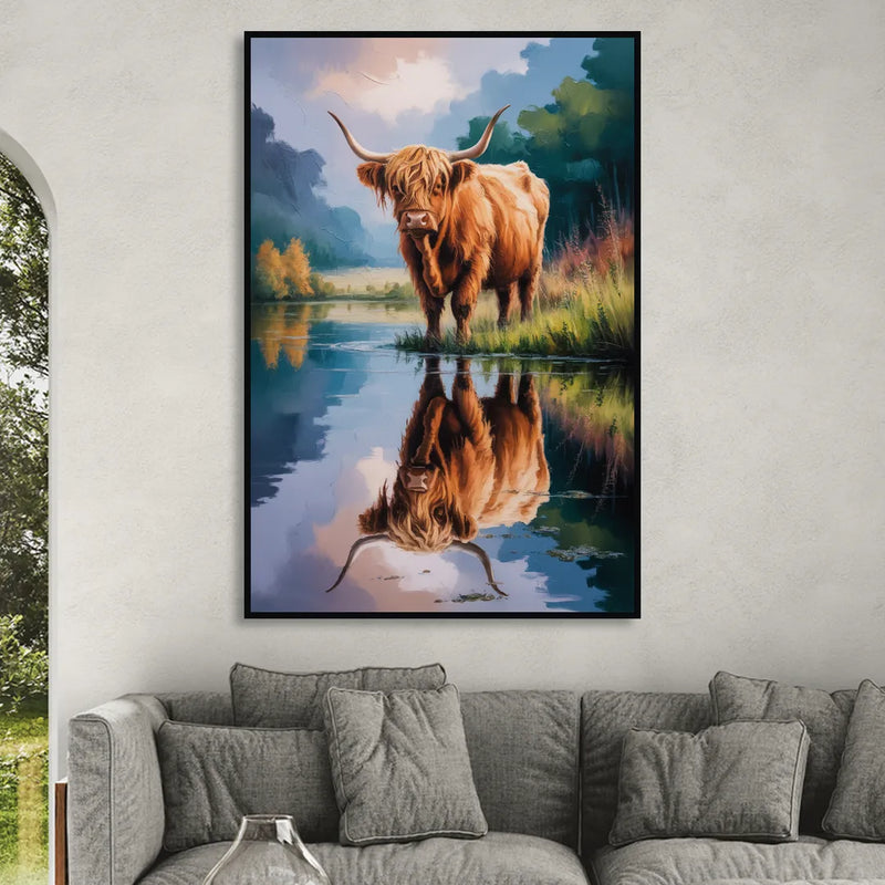 Highland Cow Reflections Living Room - Black Canvas Wall Art