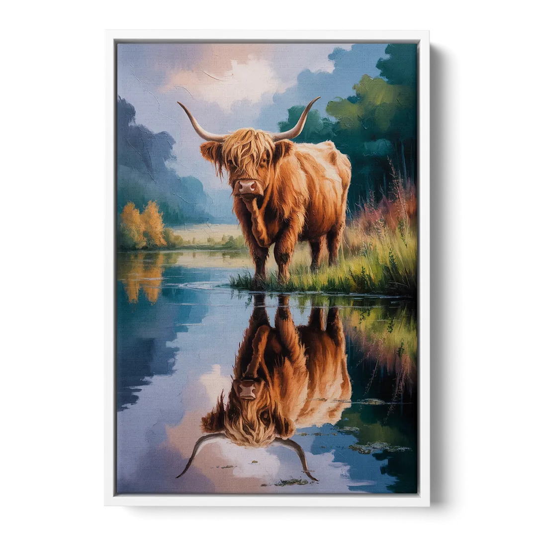 Highland Cow Reflections - White Frame Canvas