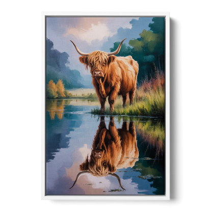 Highland Cow Reflections - White Frame Canvas