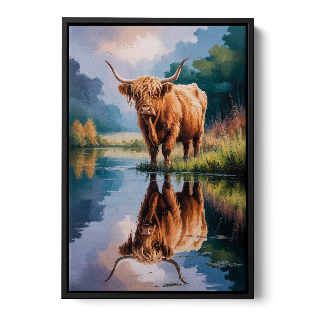 Highland Cow Reflections Front - Black Canvas Wall Art