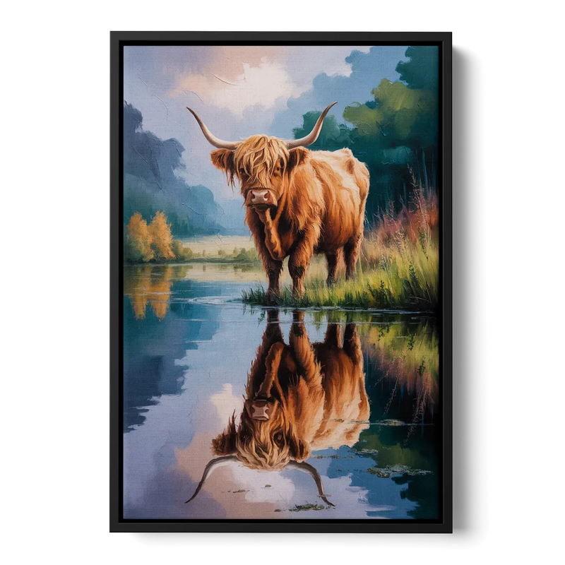 Highland Cow Reflections Front - Black Canvas Wall Art