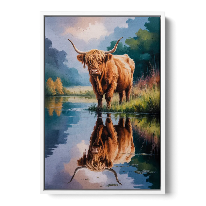 Highland Cow Reflections Front - White Canvas Wall Art
