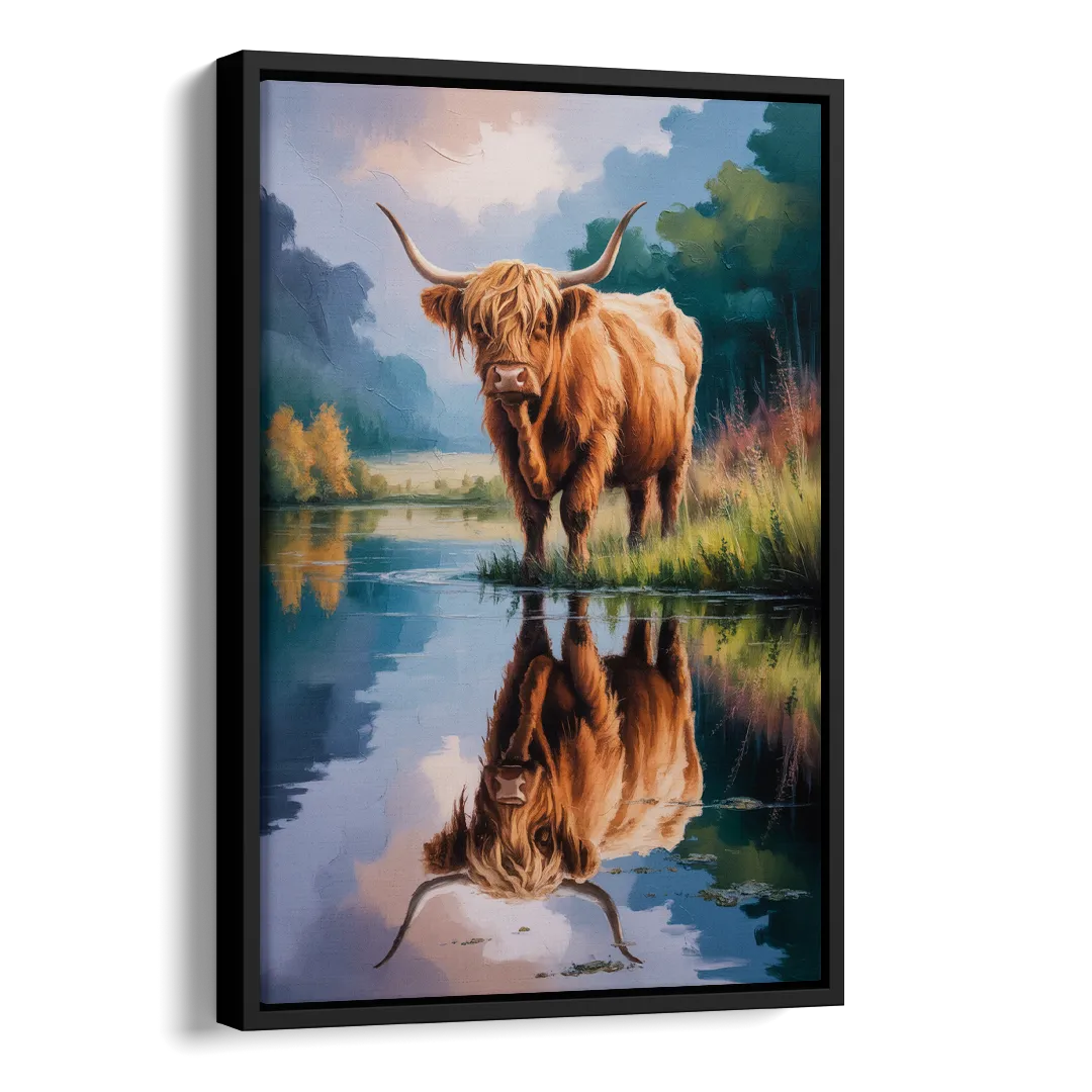 Highland Cow Reflections Side - Black Canvas Wall Art