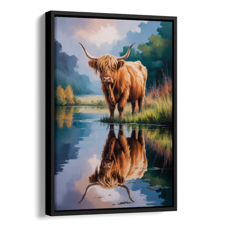 Highland Cow Reflections Side - Black Canvas Wall Art